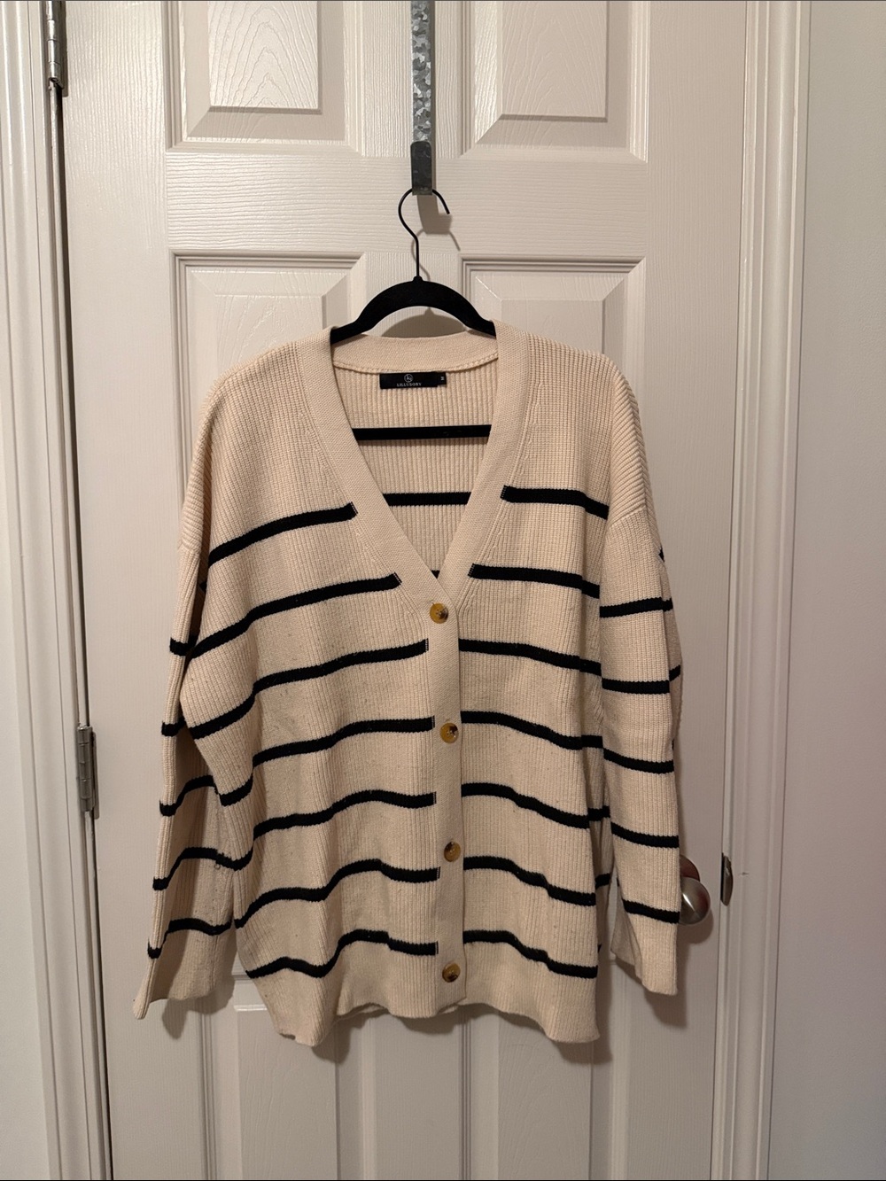 Cream and Black Striped V-Neck Button Cardigan